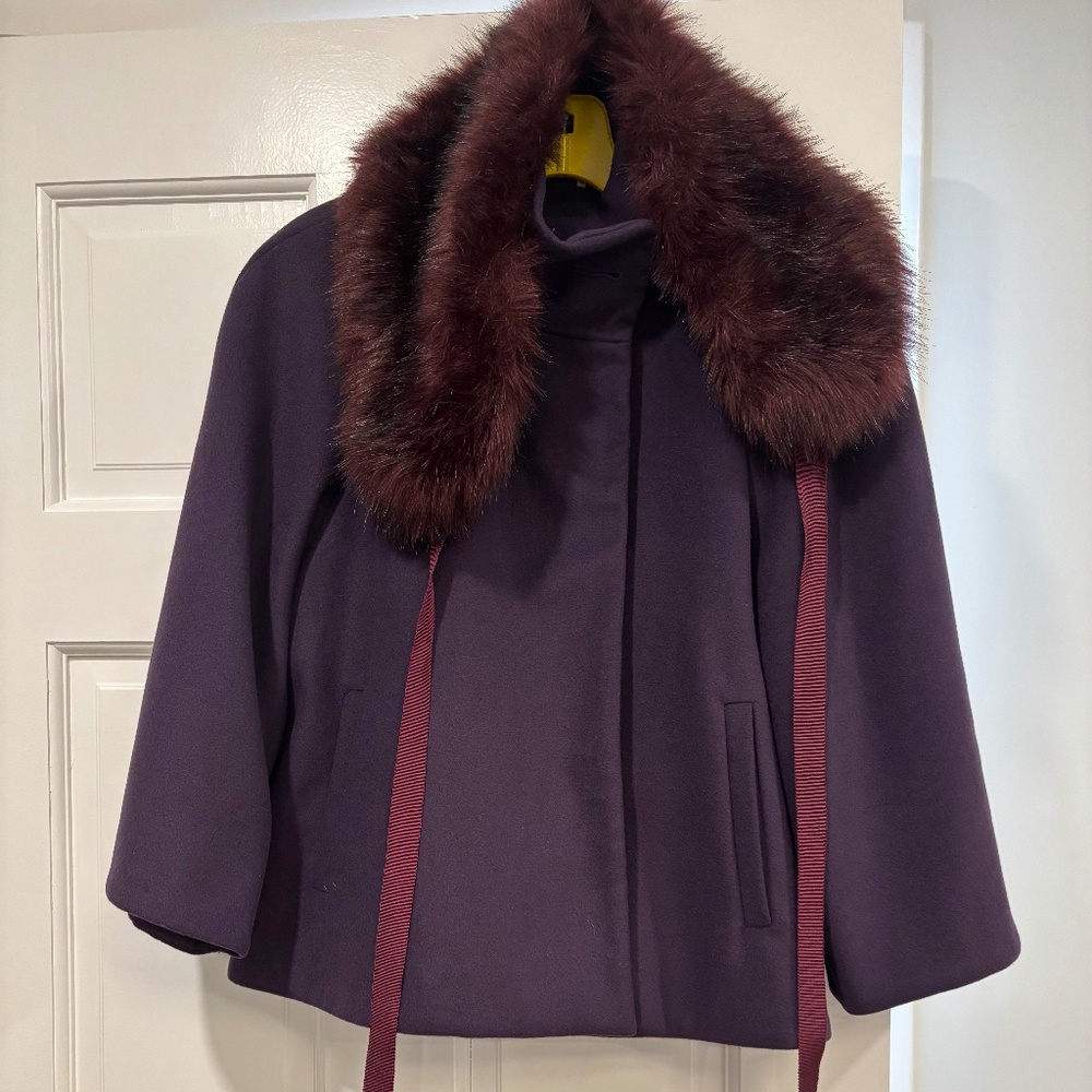 Purple cape with sleeves and removable faux fur collar
